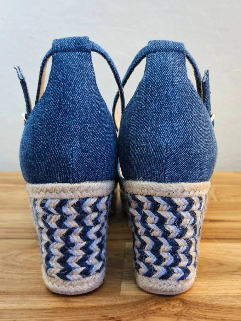 Frankie4 Baker Ankle Strap Espadrille Platform Wedge, Denim Canvas, Size 10